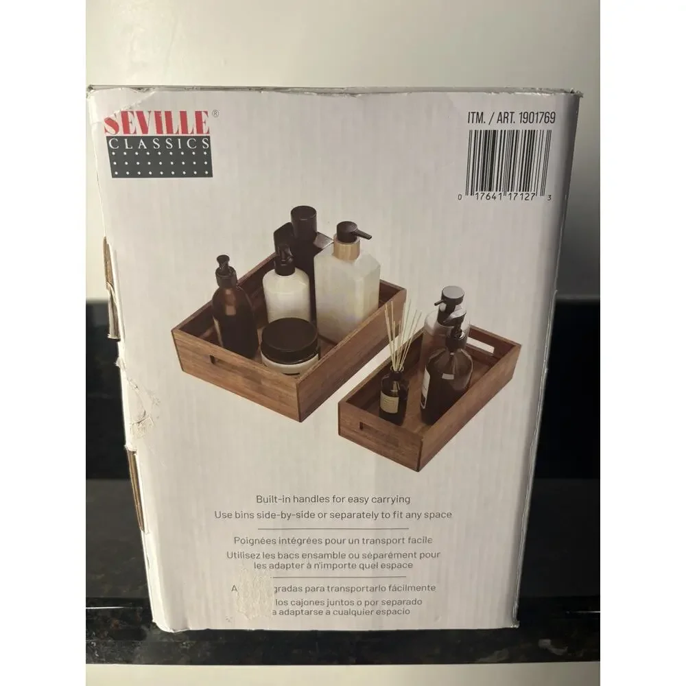 Seville Classics Acacia Wood Storage Bin Set, 5-piece. NEW